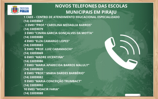 NOVOS TELEFONES DAS ESCOLAS MUNICIPAIS DE PIRAJU